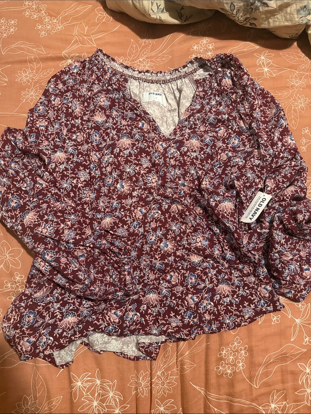 Old Navy Women's Maroon Floral Peasant Blouse